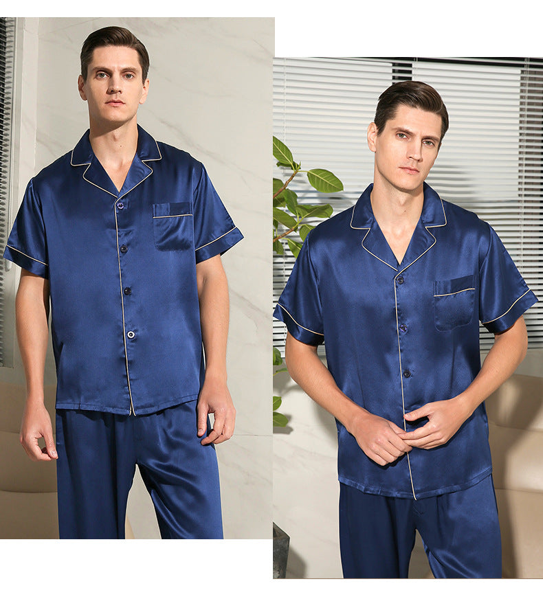 19 Momme heavyweight silk pajamas men's summer short-sleeved two-piece suit 100% mulberry silk home clothes