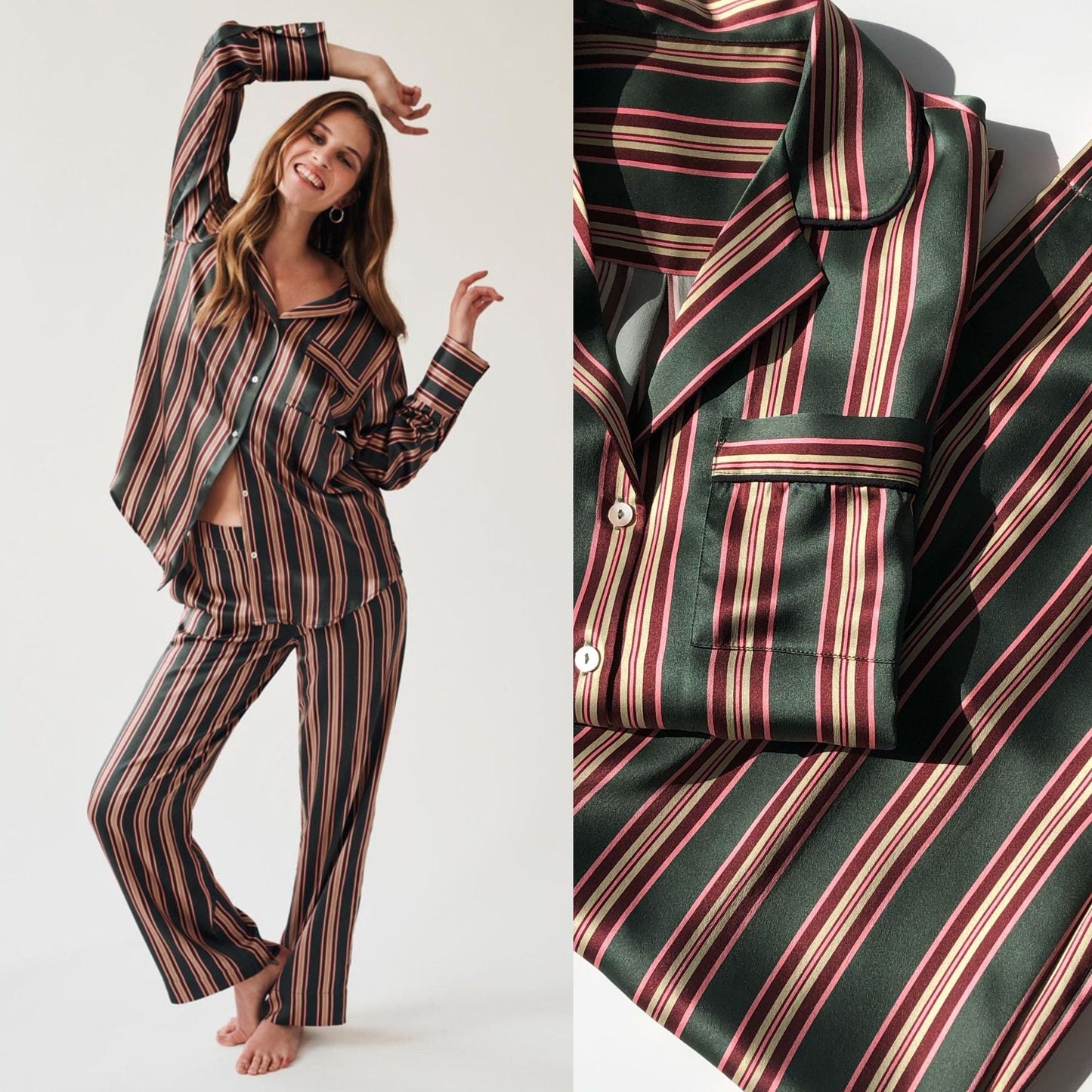 British style niche. Dream God striped print pajamas Heavy sand washed silk satin suit Shirt + wide leg pants