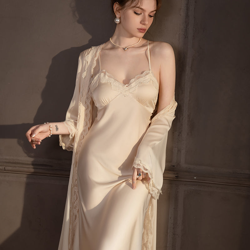 Silk pajamas with chest pads suspenders nightdress robe two-piece suit sexy silk long mulberry silk pajamas women