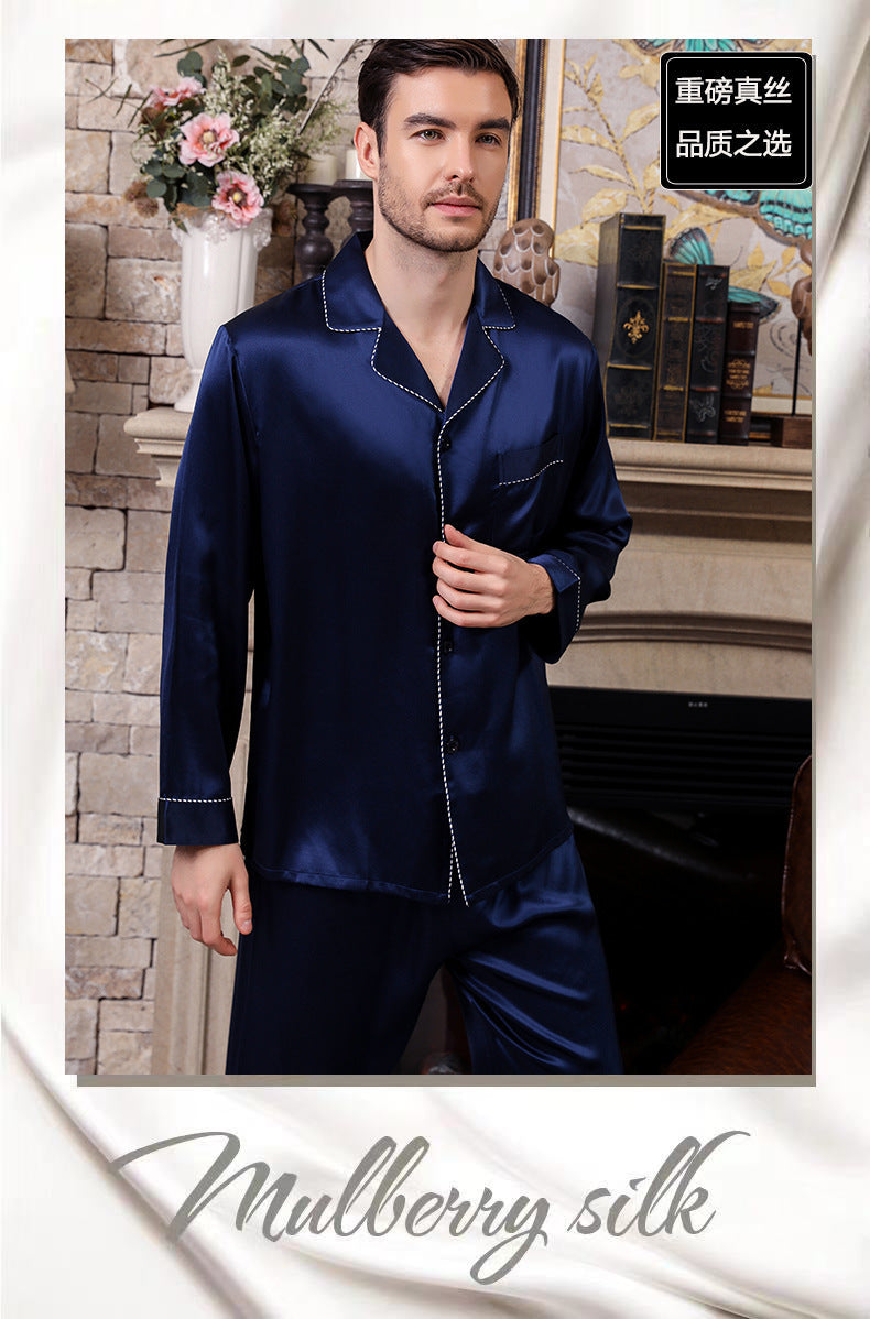 Men's Spring and Autumn Heavy Silk Pajamas 100% Mulberry Silk Home Clothes Long Sleeves and Pants