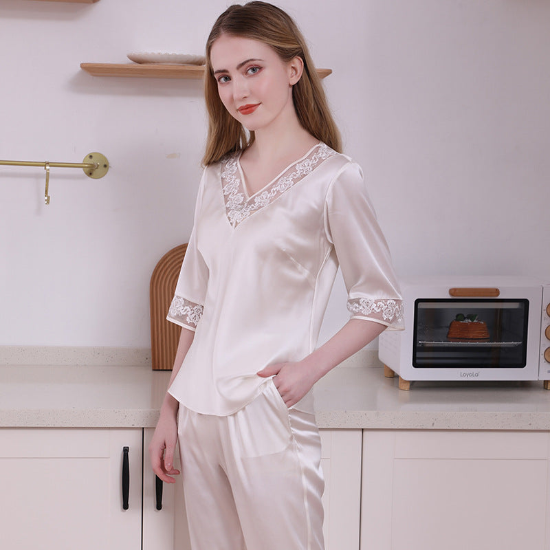 Silk pajamas women's spring and summer new 19 momme 92% mulberry silk 6A comfortable short-sleeved mid-length pants home clothes suit