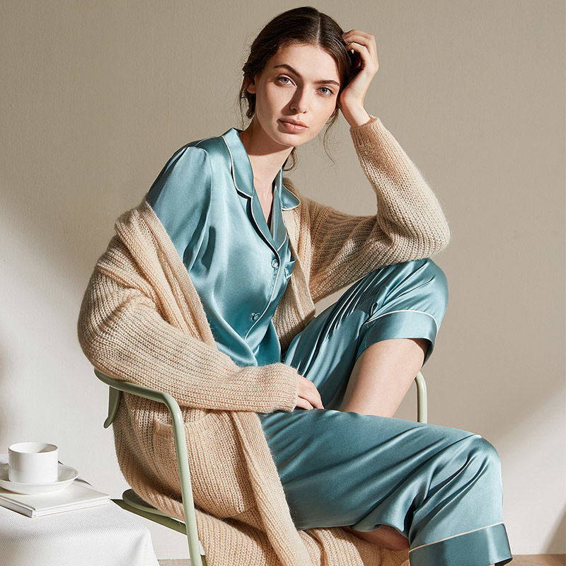 Silk pajamas women's high-end spring and autumn long-sleeved two-piece suit 100% mulberry silk couple home clothes silk women's suit