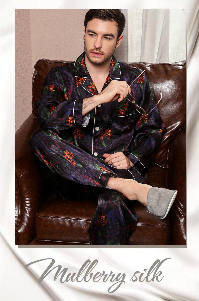 Cross-border hot-selling silk pajamas men's long-sleeved trousers split mulberry silk home clothes two-piece suit