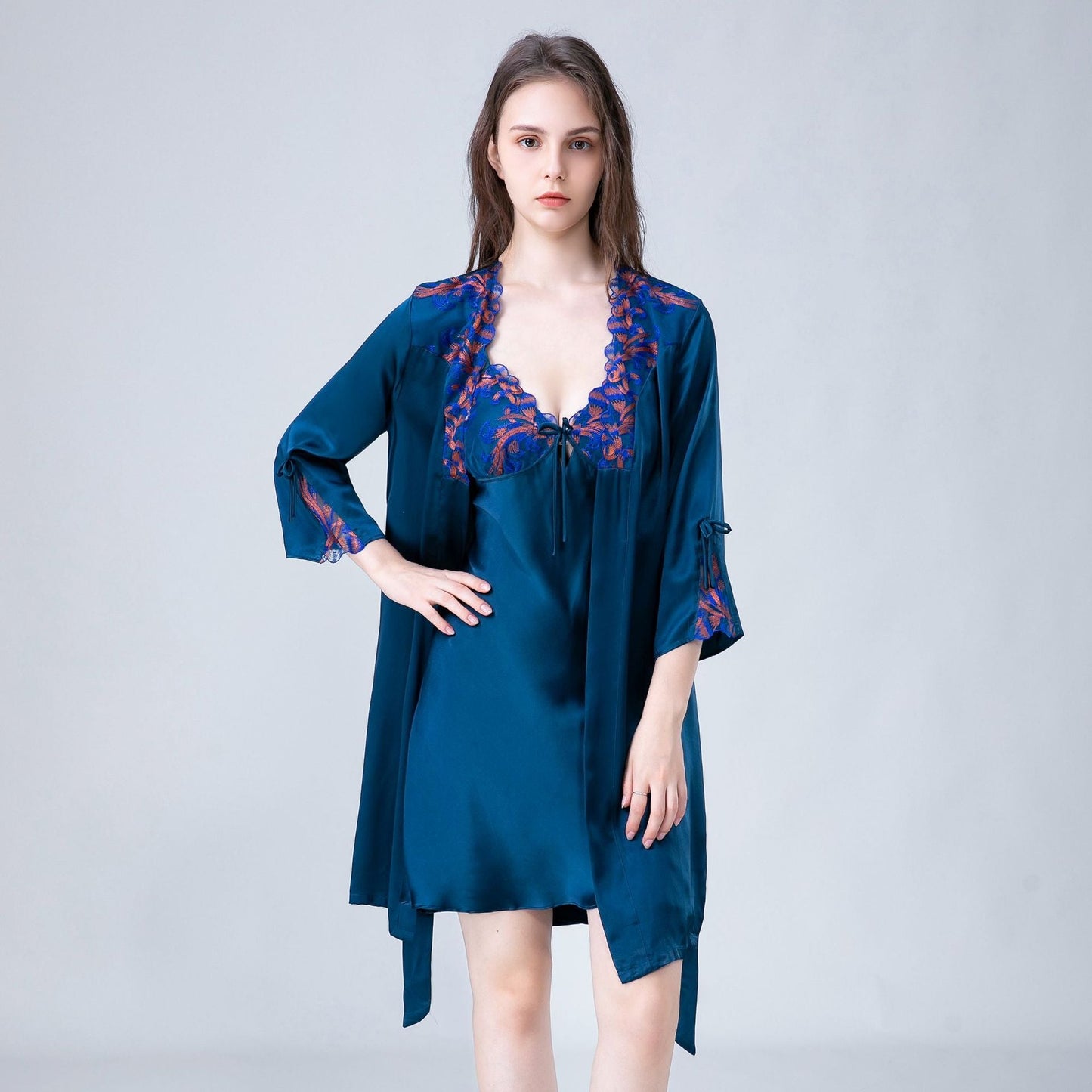 Silk nightgown long spring summer autumn pajamas women's lace-up mulberry silk nightdress silk robe
