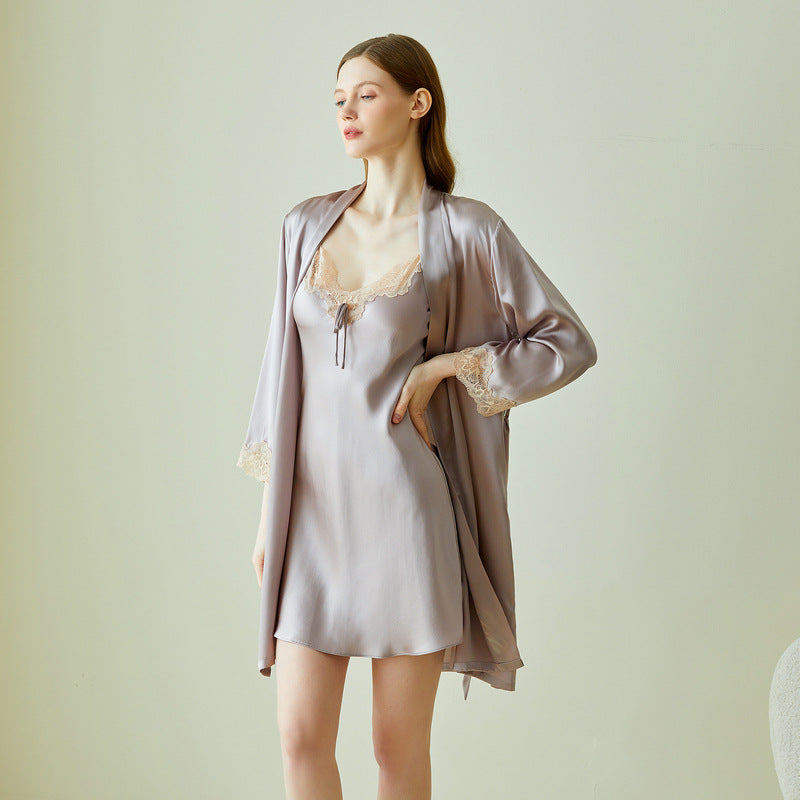 French sexy lace silk pajamas women 100 mulberry silk nightgown home clothes summer sling nightdress morning robe bathrobe
