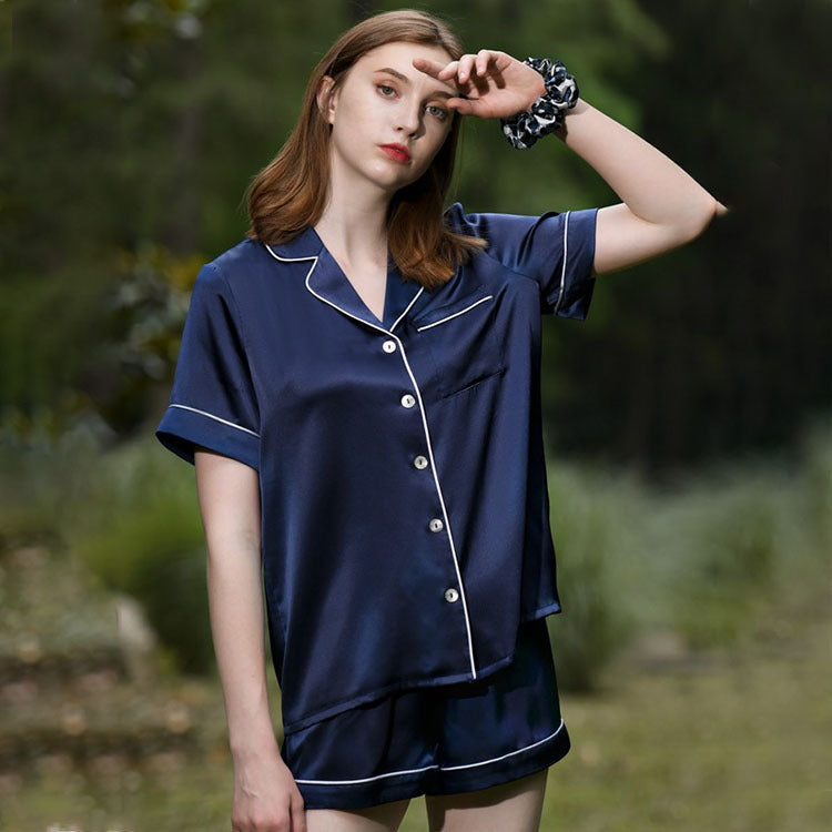 Silk pajamas suit women summer short sleeve shorts 100% mulberry silk home clothes silk pajamas two-piece suit
