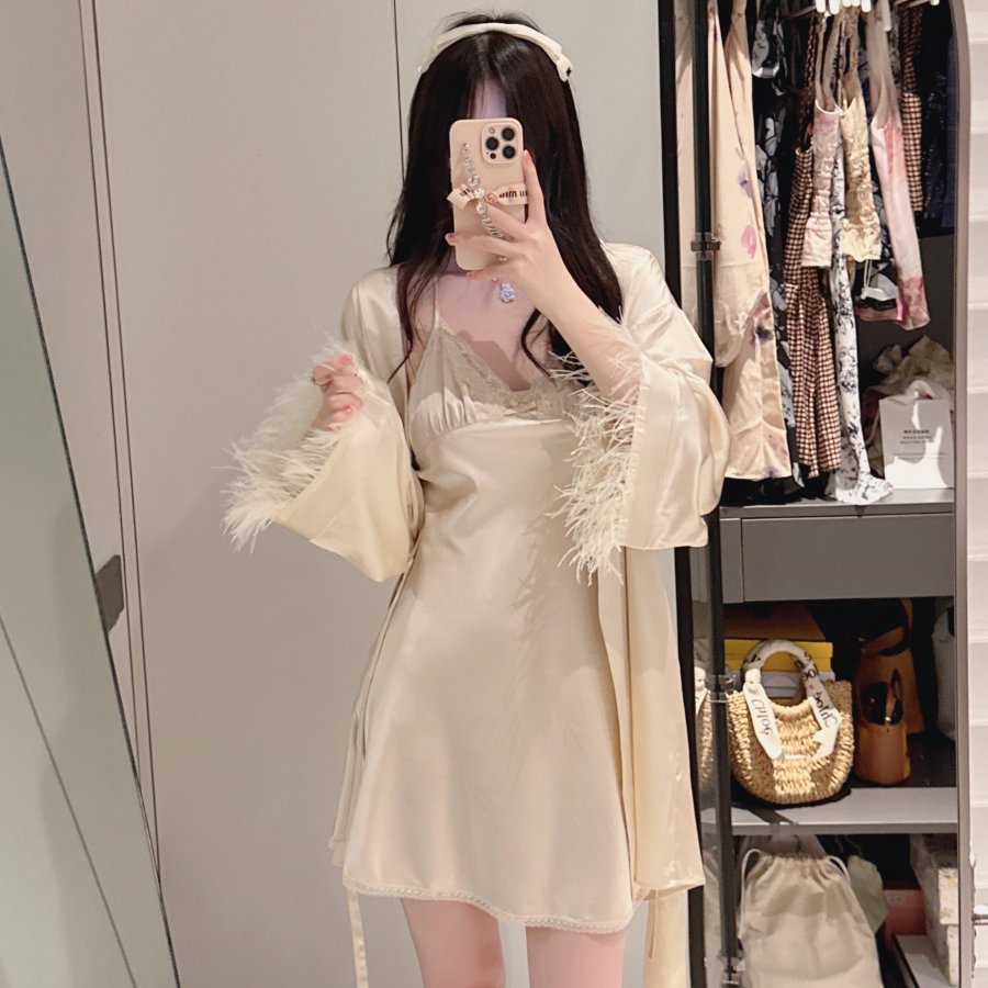 Elastic satin mulberry silk women's nightgown spring and summer comfortable simple morning gown pajamas home clothes