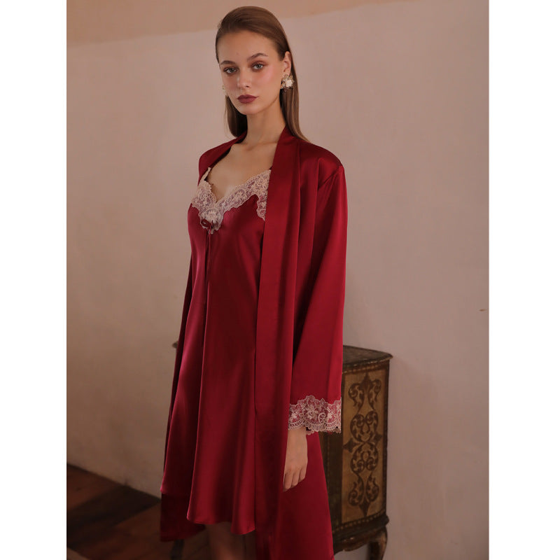 Silk nightgown women 2024 spring and summer new mulberry silk bathrobe red bride sling nightdress set sexy pajamas