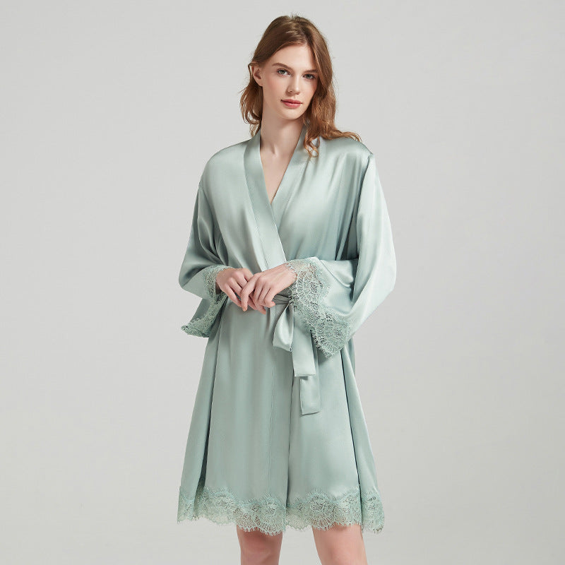 19 Mommy silk suspender nightgown two-piece lace sexy 100% mulberry silk satin pajamas set