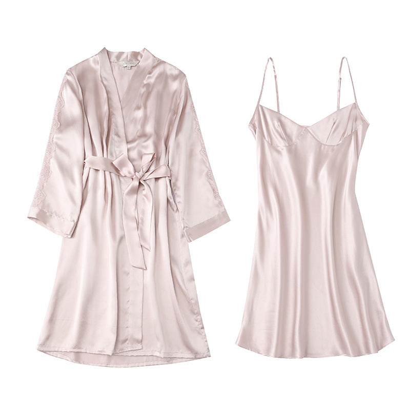 Silk pajamas women summer sexy suspender nightdress robe 100% mulberry silk two-piece lace silk home clothes