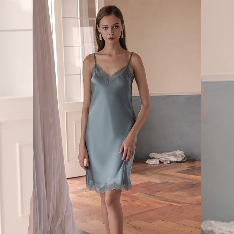 Silk nightdress for women new style can be worn outside spring and summer suspender skirt sexy lace fun medium and long home clothes pajamas