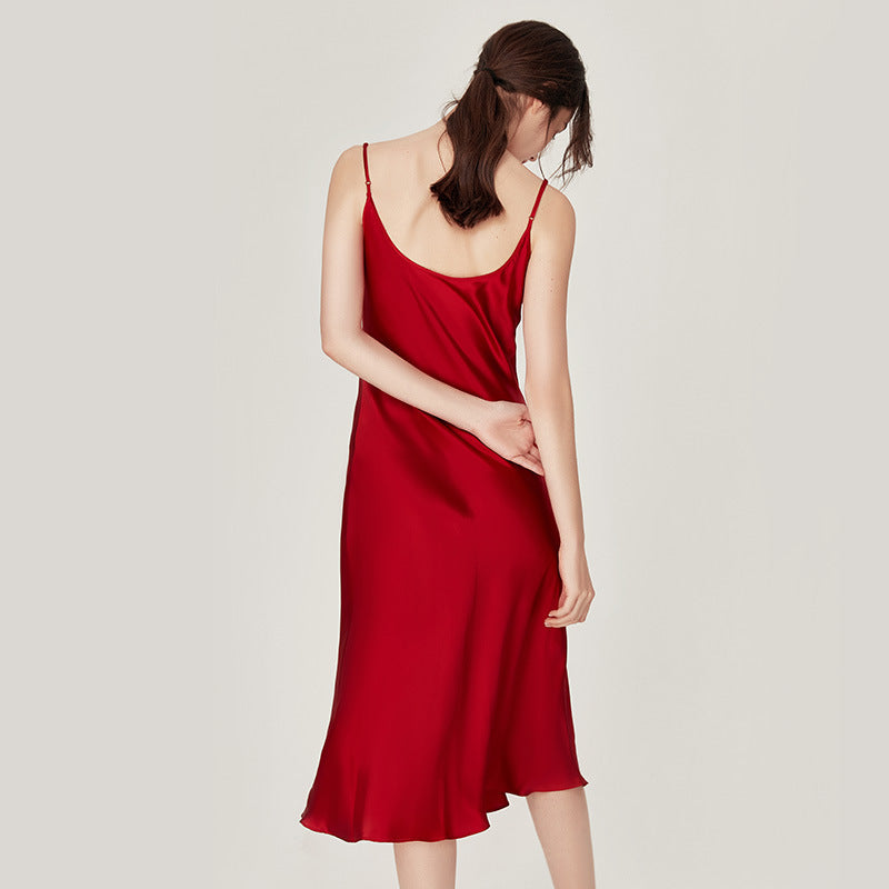 New style swing collar silk suspender pajamas women's long pure desire style sexy mulberry silk nightdress outer wear