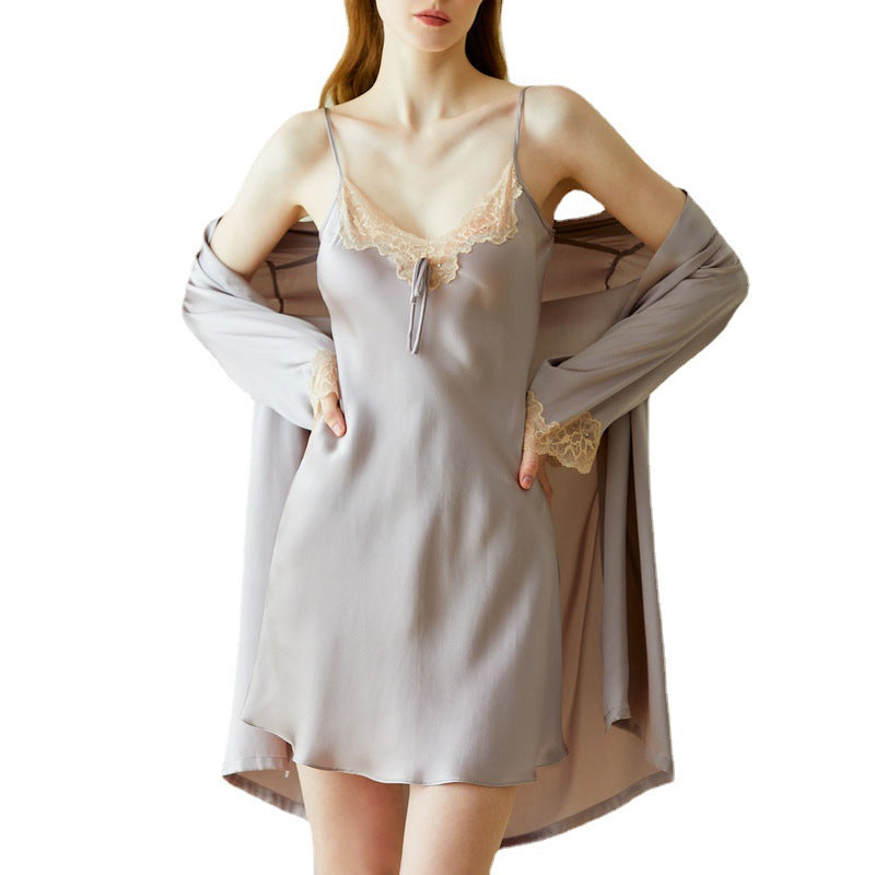 French sexy lace silk pajamas women 100 mulberry silk nightgown home clothes summer sling nightdress morning robe bathrobe