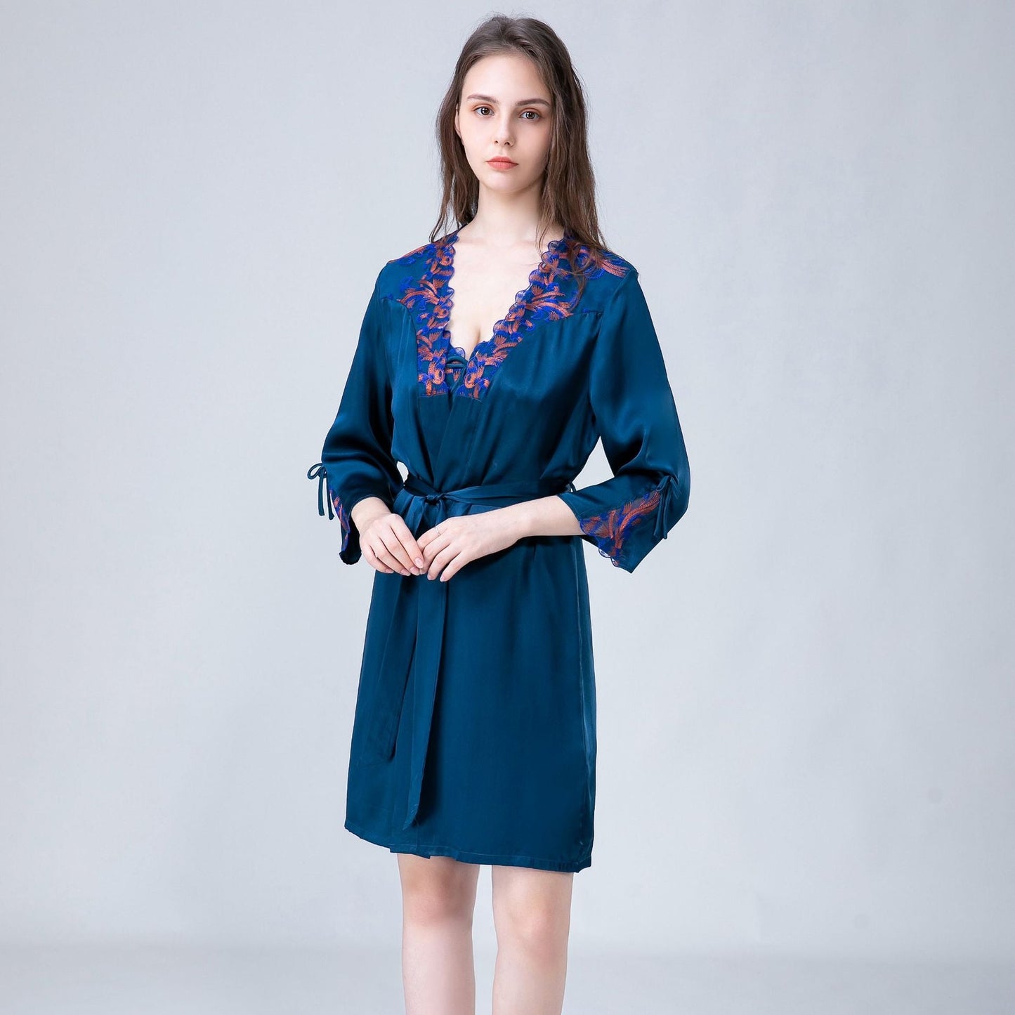 Silk nightgown long spring summer autumn pajamas women's lace-up mulberry silk nightdress silk robe