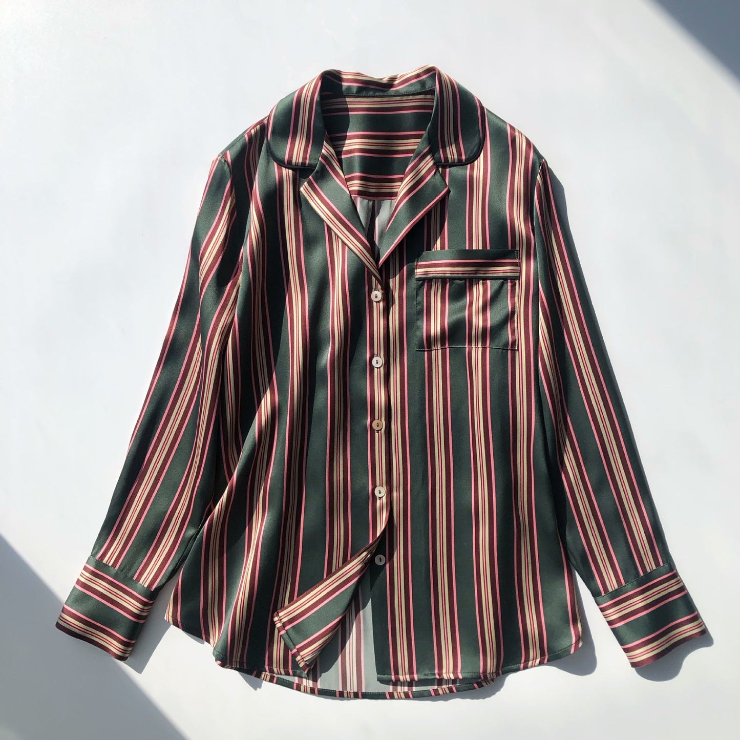 British style niche. Dream God striped print pajamas Heavy sand washed silk satin suit Shirt + wide leg pants