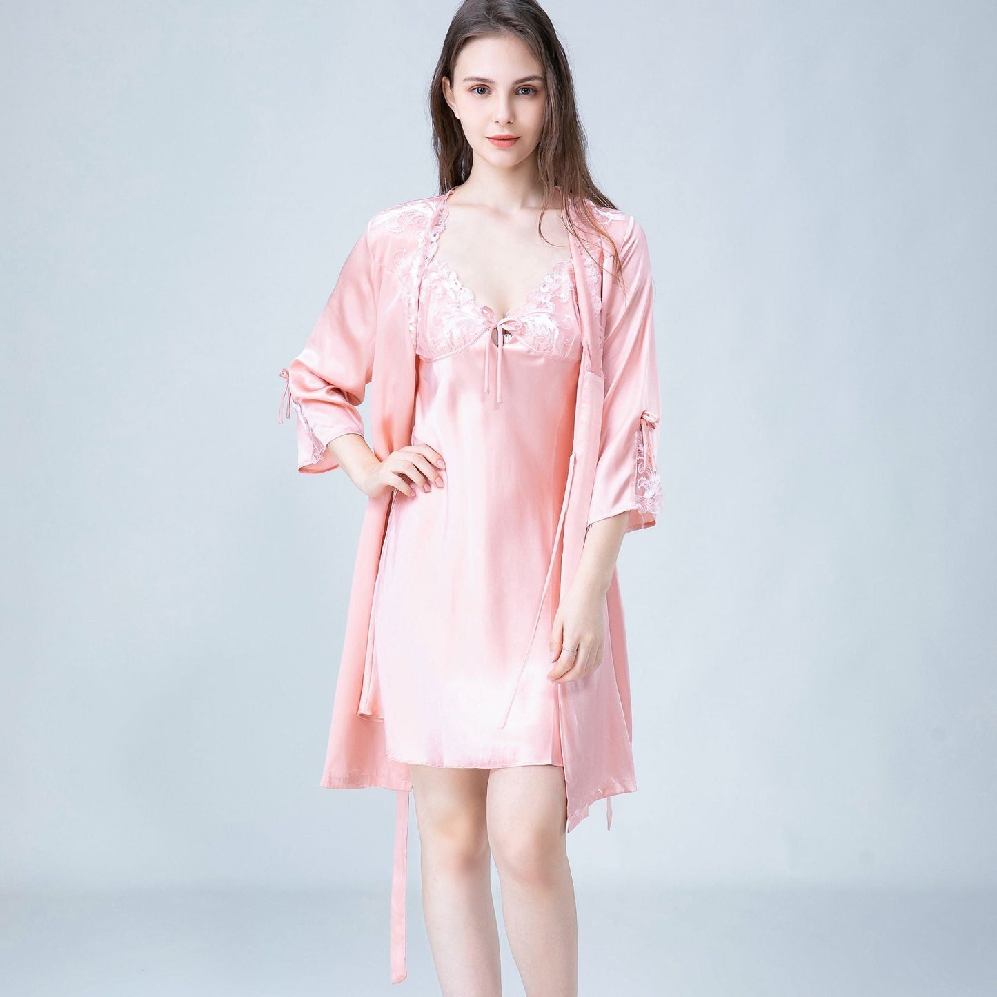 Silk nightgown long spring summer autumn pajamas women's lace-up mulberry silk nightdress silk robe