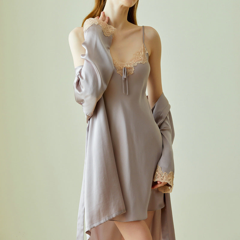 French sexy lace silk pajamas women 100 mulberry silk nightgown home clothes summer sling nightdress morning robe bathrobe