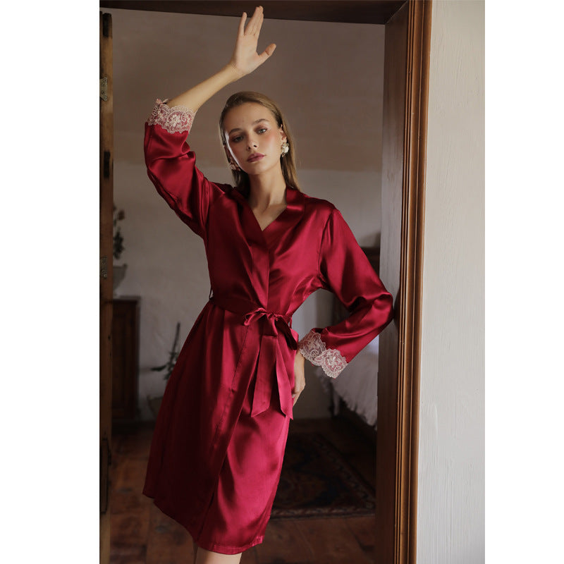 Silk nightgown women 2024 spring and summer new mulberry silk bathrobe red bride sling nightdress set sexy pajamas
