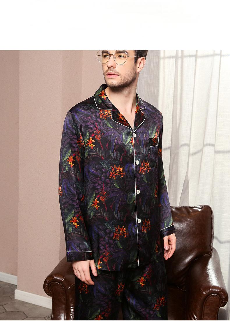 Cross-border hot-selling silk pajamas men's long-sleeved trousers split mulberry silk home clothes two-piece suit