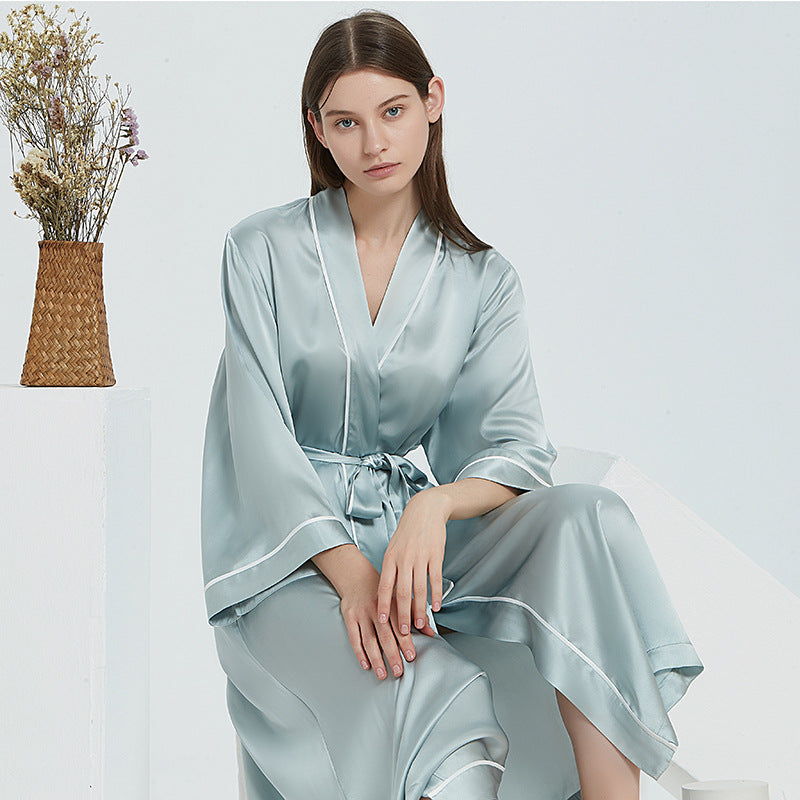 Silk nightgown long pajamas women European and American fashion lace up 100% mulberry silk nightdress silk robe suit wholesale