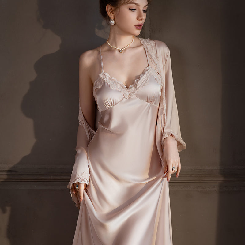 Silk pajamas with chest pads suspenders nightdress robe two-piece suit sexy silk long mulberry silk pajamas women