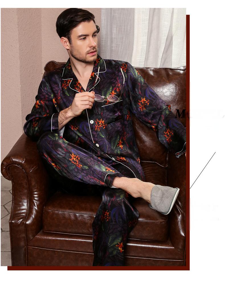 Cross-border hot-selling silk pajamas men's long-sleeved trousers split mulberry silk home clothes two-piece suit
