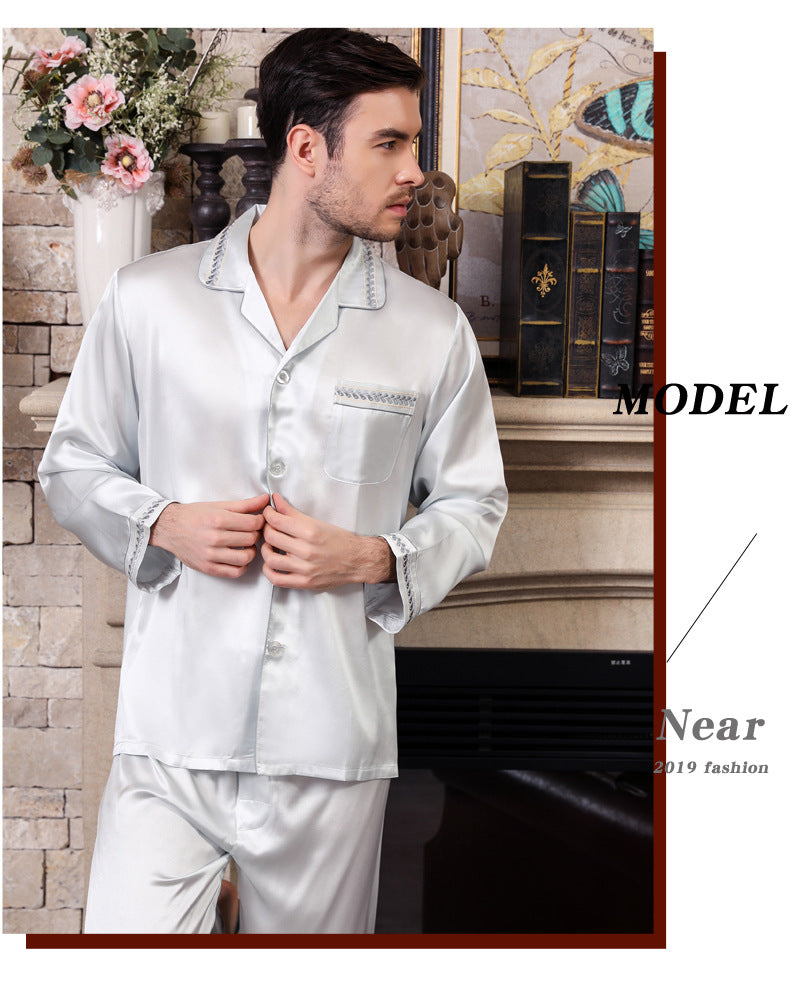 Spring and autumn men's silk pajamas long sleeve two-piece suit 100% mulberry silk printed home clothes