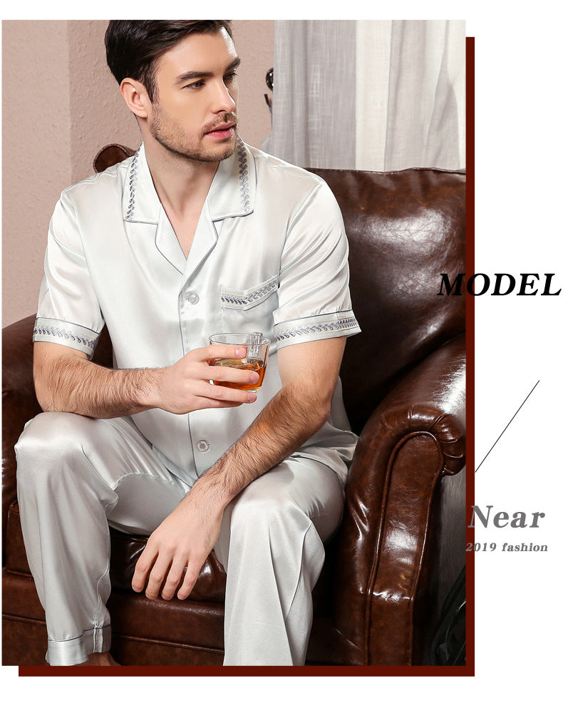 Silk pajamas men's short-sleeved suits spring and autumn new 100% mulberry silk home clothes large size
