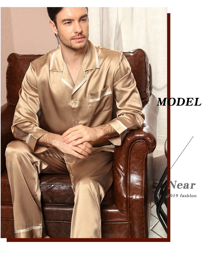 22 Momme heavy silk men's mulberry silk spring and autumn two-piece pajamas home clothes T9030