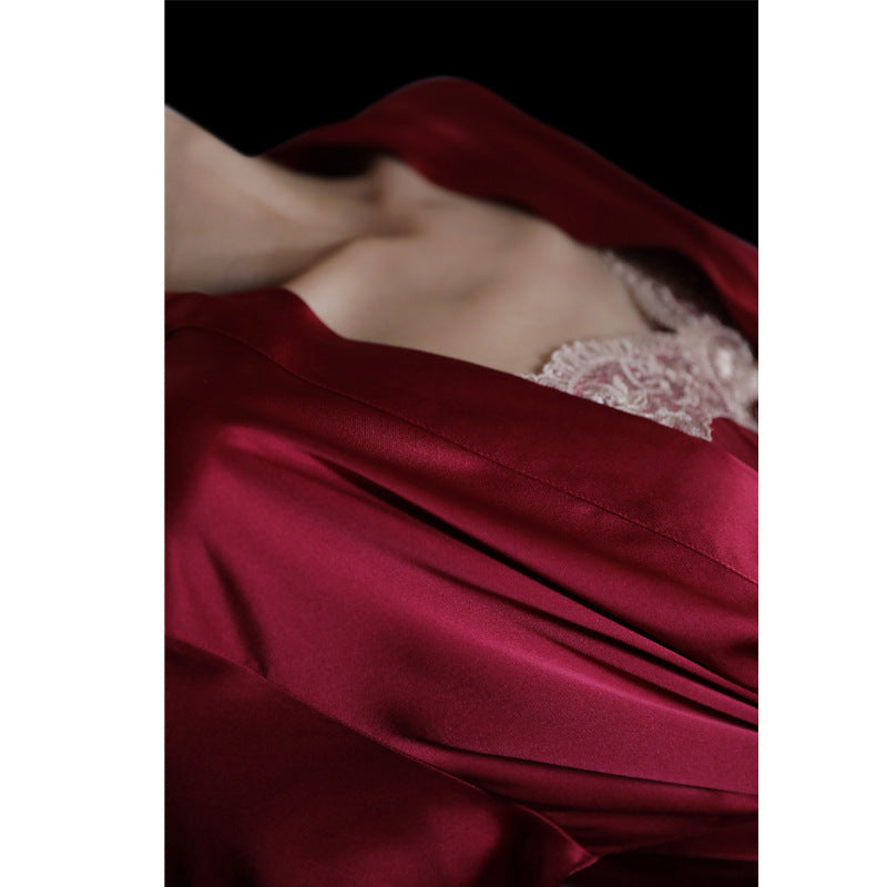 Silk nightgown women 2024 spring and summer new mulberry silk bathrobe red bride sling nightdress set sexy pajamas