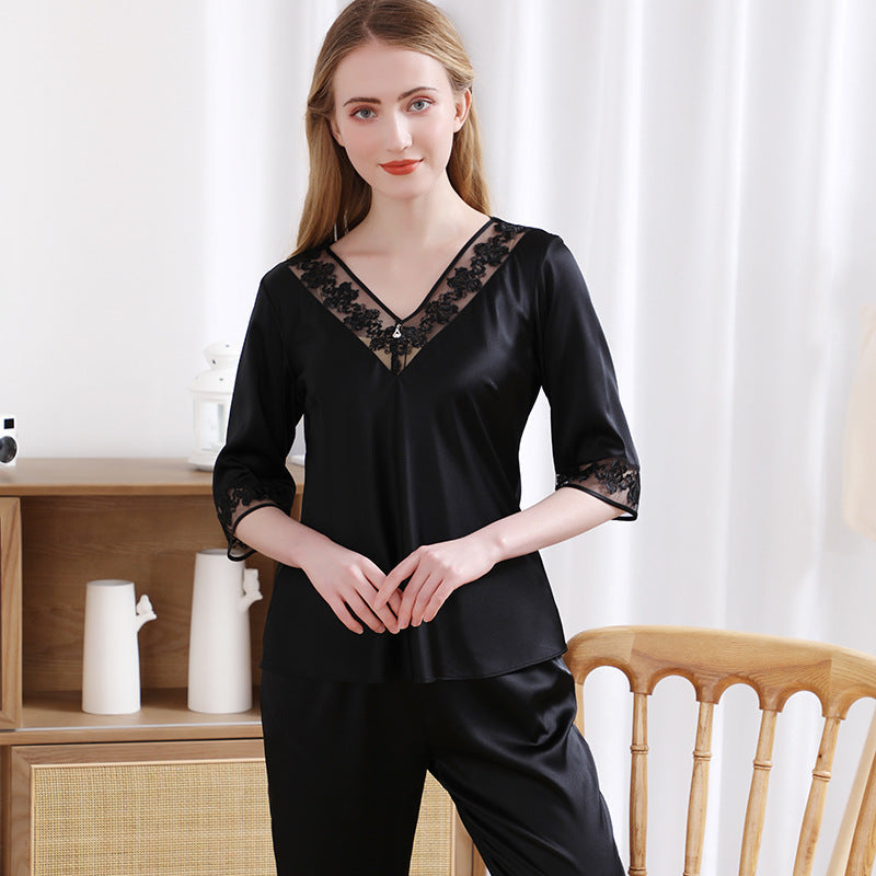 Silk pajamas women's spring and summer new 19 momme 92% mulberry silk 6A comfortable short-sleeved mid-length pants home clothes suit