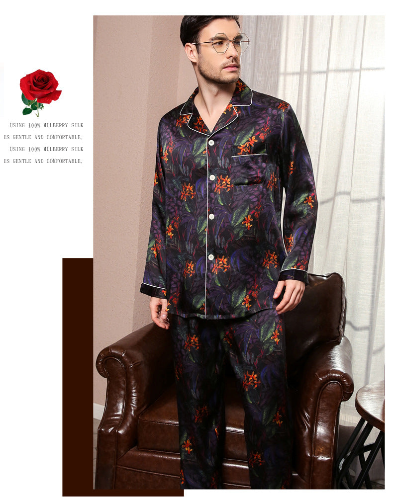 Cross-border hot-selling silk pajamas men's long-sleeved trousers split mulberry silk home clothes two-piece suit