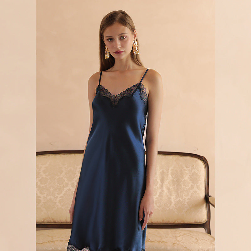 Silk nightdress for women new style can be worn outside spring and summer suspender skirt sexy lace fun medium and long home clothes pajamas