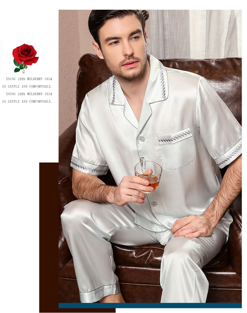 Silk pajamas men's short-sleeved suits spring and autumn new 100% mulberry silk home clothes large size