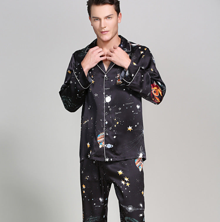 Silk pajamas summer long-sleeved mulberry silk home clothes two-piece suit men spring and autumn
