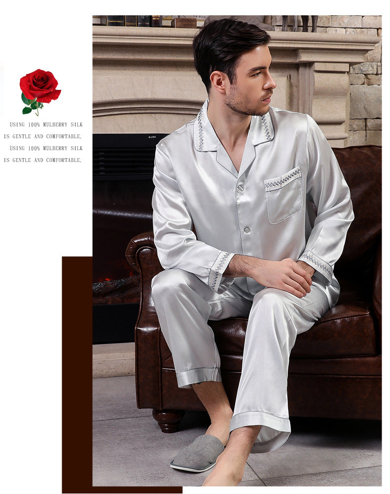 Spring and autumn men's silk pajamas long sleeve two-piece suit 100% mulberry silk printed home clothes