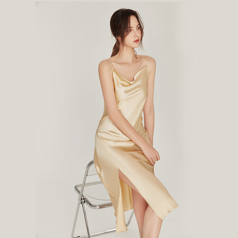 New style swing collar silk suspender pajamas women's long pure desire style sexy mulberry silk nightdress outer wear