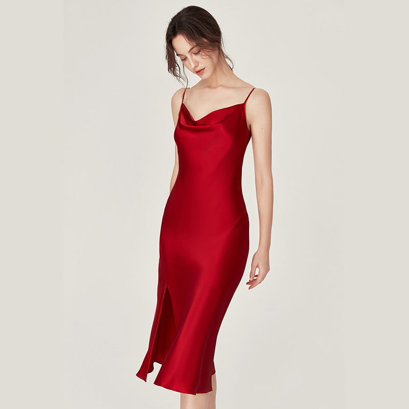 New style swing collar silk suspender pajamas women's long pure desire style sexy mulberry silk nightdress outer wear