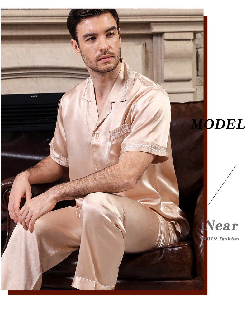 Silk pajamas men's short-sleeved suits spring and autumn new 100% mulberry silk home clothes large size