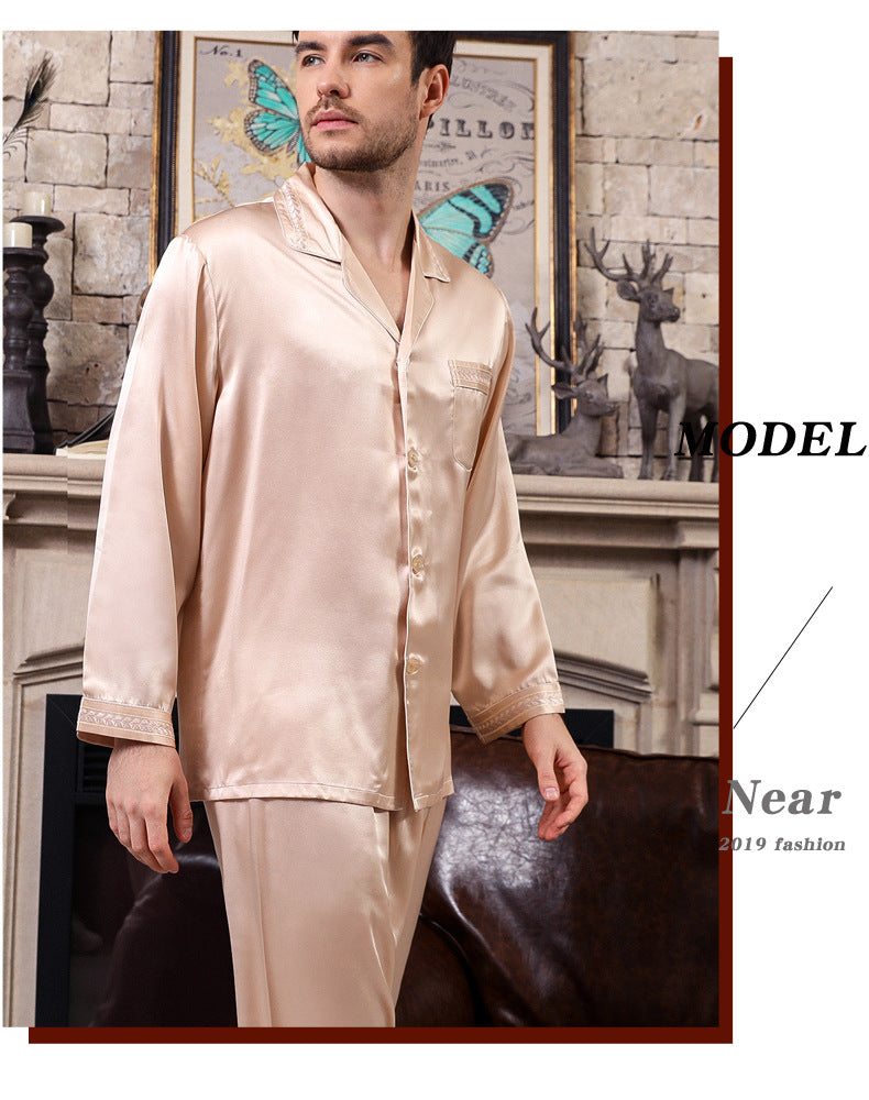 Spring and autumn men's silk pajamas long sleeve two-piece suit 100% mulberry silk printed home clothes