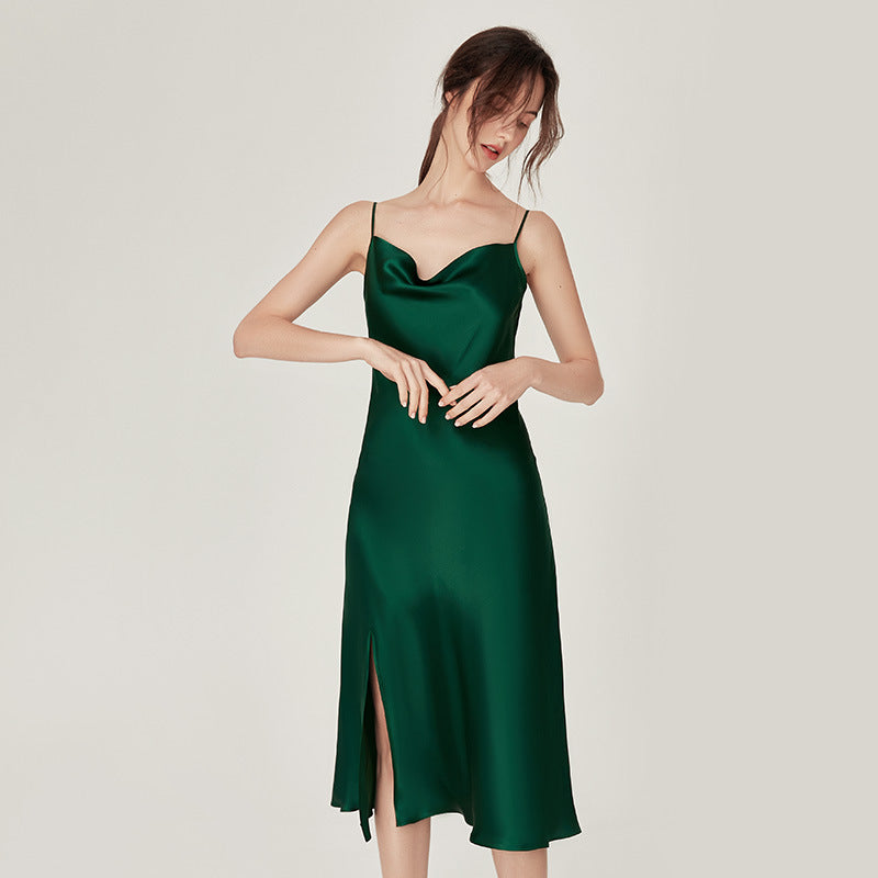 New style swing collar silk suspender pajamas women's long pure desire style sexy mulberry silk nightdress outer wear