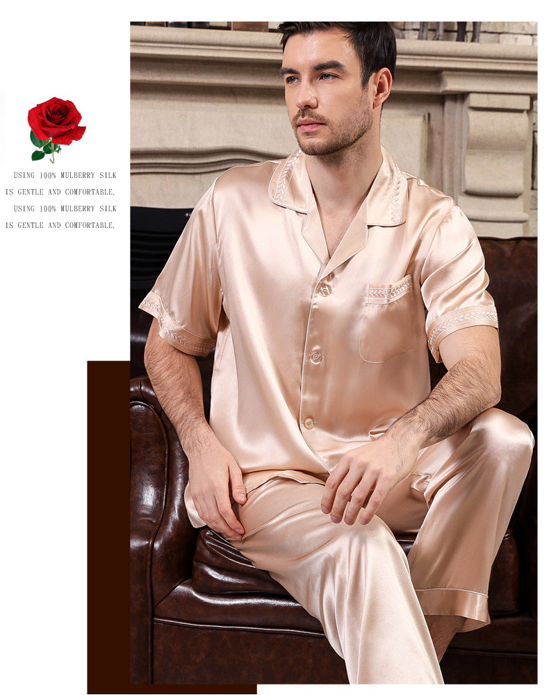 Silk pajamas men's short-sleeved suits spring and autumn new 100% mulberry silk home clothes large size