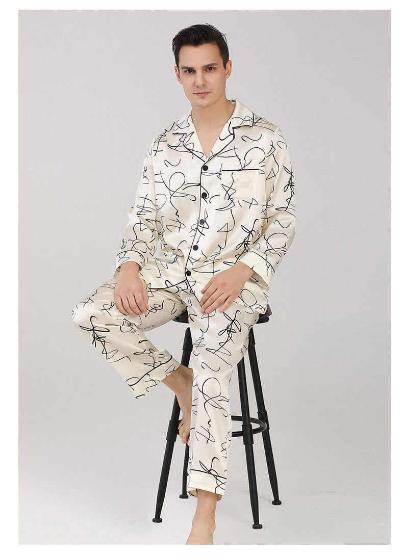 Heavy pajamas men's printed long-sleeved trousers mulberry silk home clothes suit spring and autumn