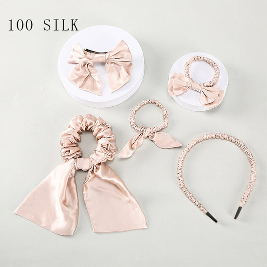 Silk hair tie five-piece set, 100% mulberry silk high-end hair accessories set for bow ties