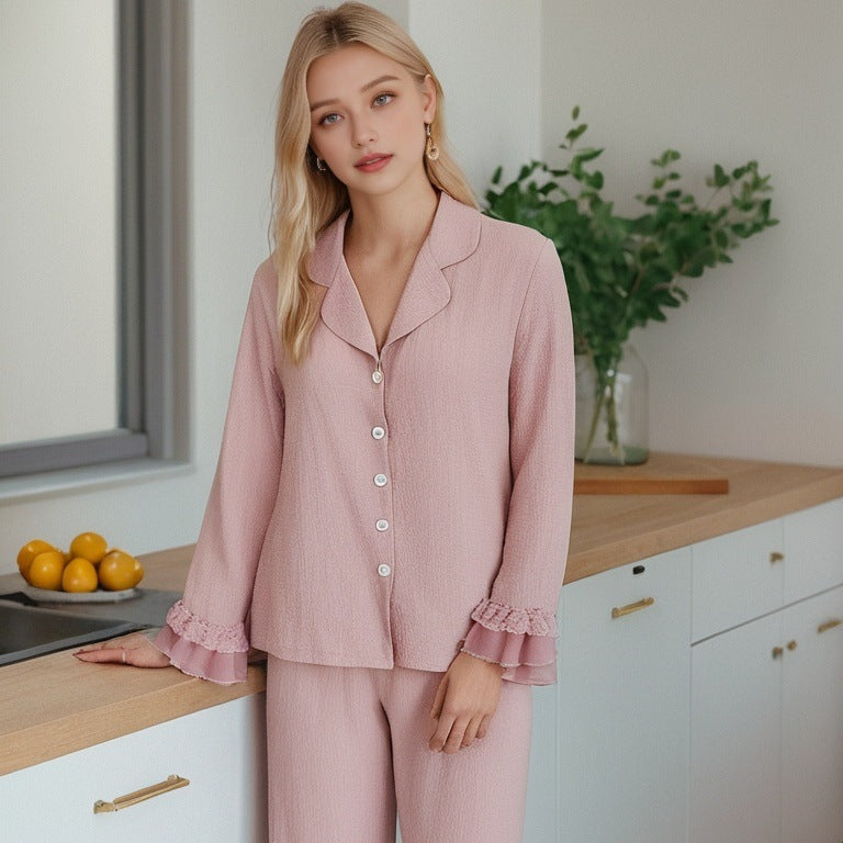 Women's home wear suit long-sleeved lapel pajamas lace splicing pajamas