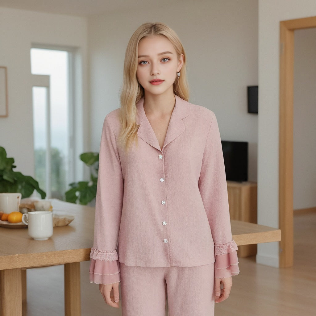 Women's home wear suit long-sleeved lapel pajamas lace splicing pajamas