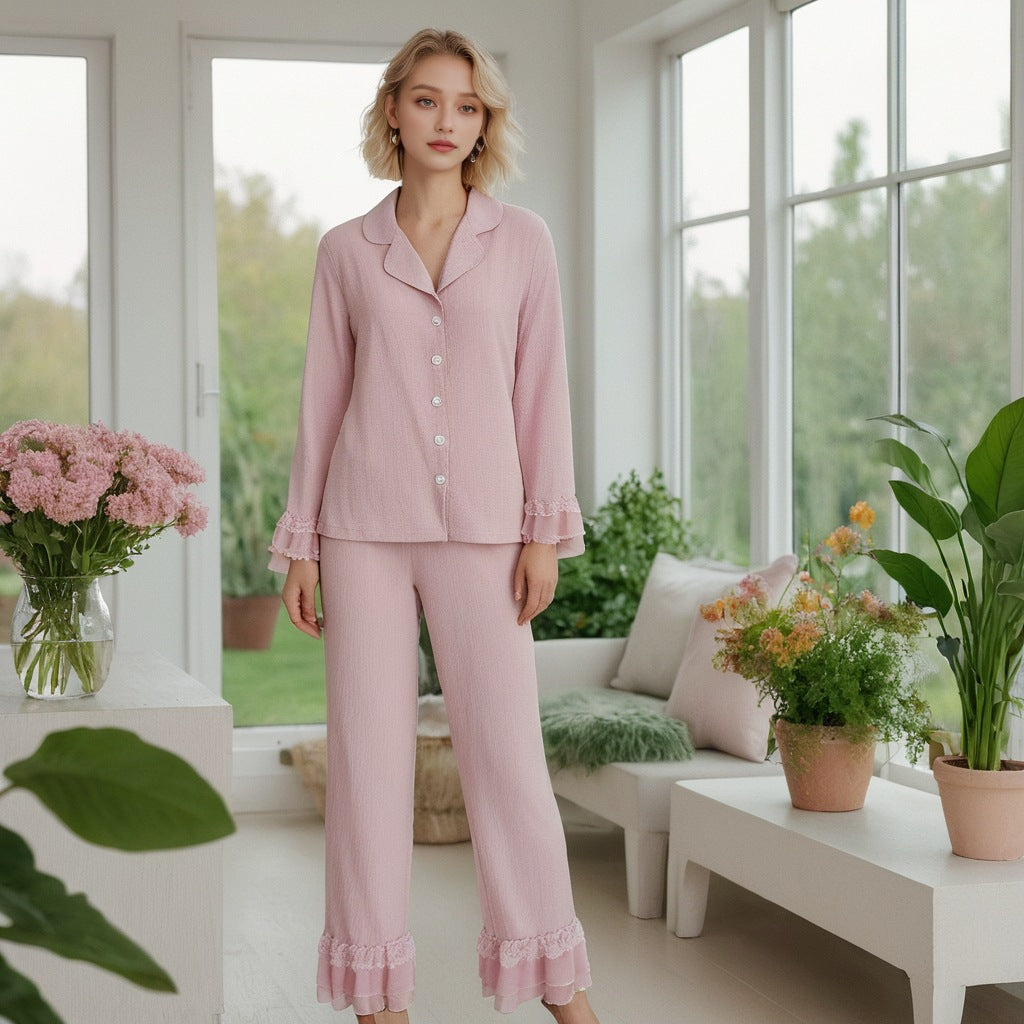 Women's home wear suit long-sleeved lapel pajamas lace splicing pajamas