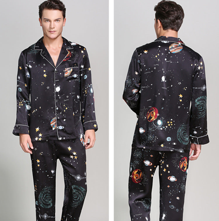 Silk pajamas summer long-sleeved mulberry silk home clothes two-piece suit men spring and autumn